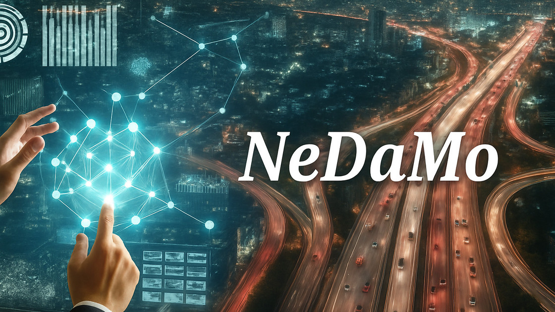 Grafik, die Verkehr und Datenverarbeitung zeigt und den Schriftzug "NeDaMo" trägt.