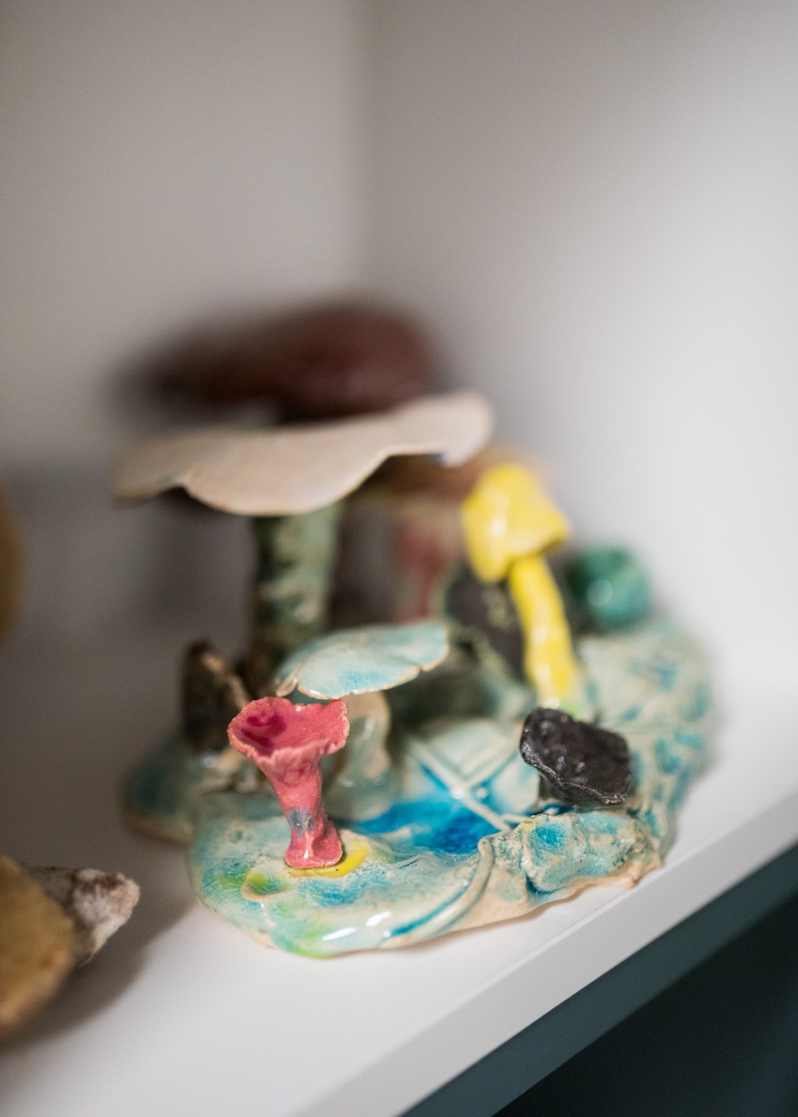 Ein Exponat der Ausstellung im Naturkundemuseum zeigt Pilze aus Ton.
