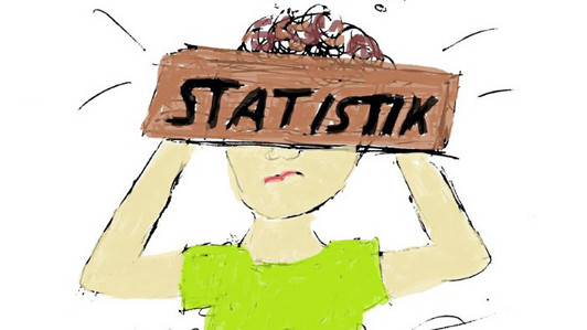 Comicfigur mit Brett vor dem Kopf, auf dem Statistik geschrieben steht.