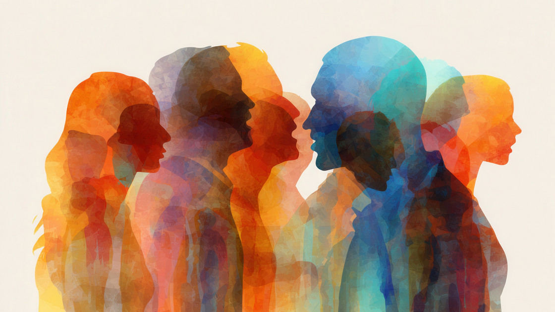 Diverse colorful silhouettes of people communicating, debating, and exchanging opinions large a group