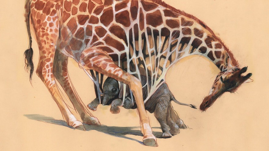 Illustration von Jonas Lauströer mit dem Titel "Netzgiraffe mit Hängematte" aus dem Buch "Wie der Elefant seinen Russel bekam".