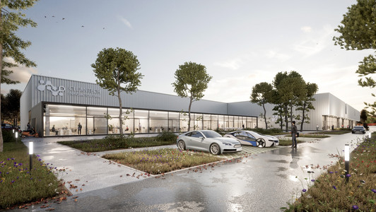 Rendering mit Blick auf das künftige Innovationszentrum des Cleantech Innovation Parks in Hallstadt.