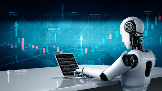 Zukünftige Finanztechnologie wird von einem Roboter bedient und kontrolliert.
