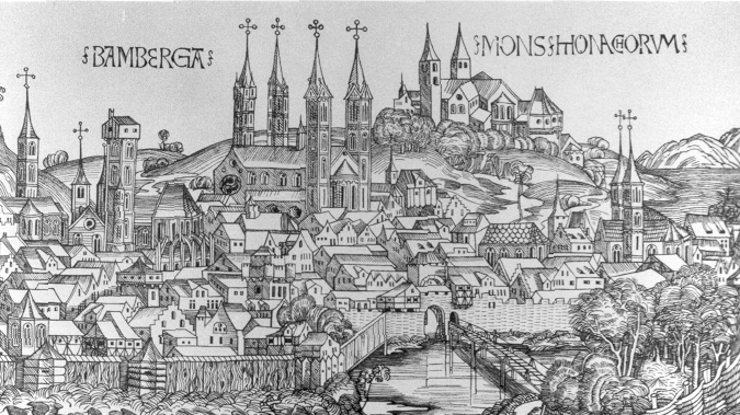 Ein schwarz-weiß Bild der Stadt Bamberg, vermutlich aus dem Mittelalter