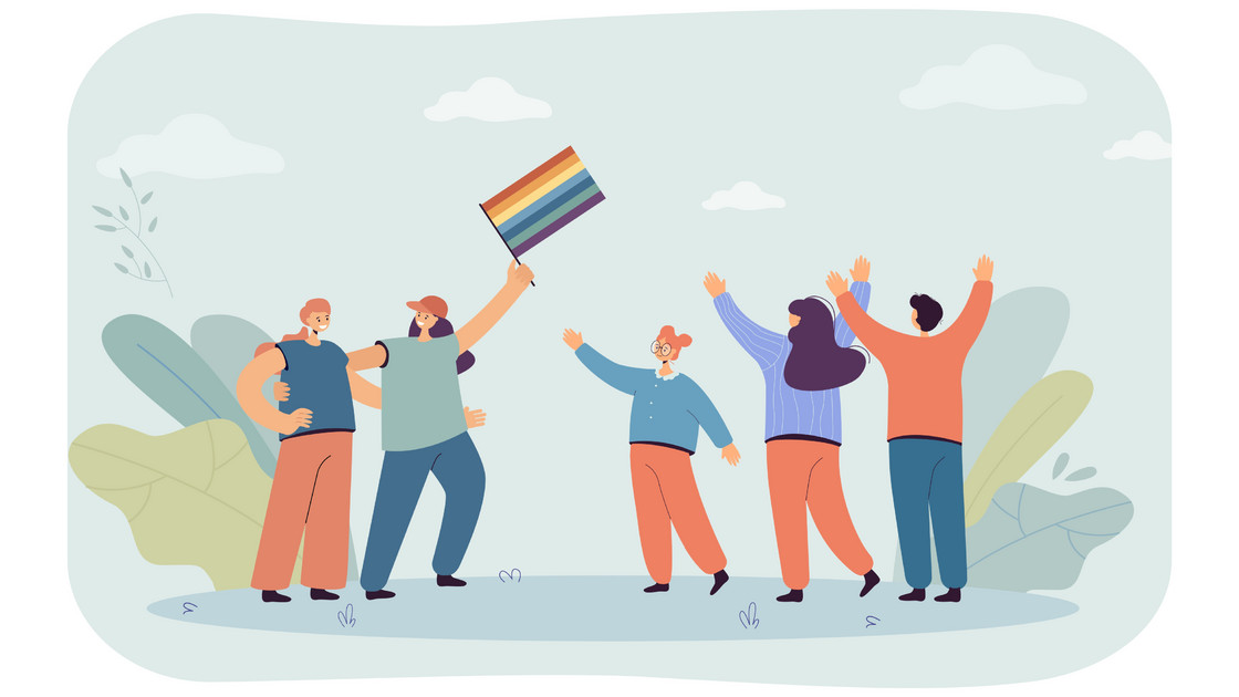 Illustrierte Darstellung von fünf Menschen, einer davon hält eine Regenbogen-Fahne hoch