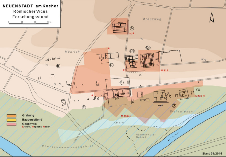 Der Stadtplan nach den Ergebnissen der Luftbilder, geoarchäologischen Prospektionen und Grabungen bis 2016.